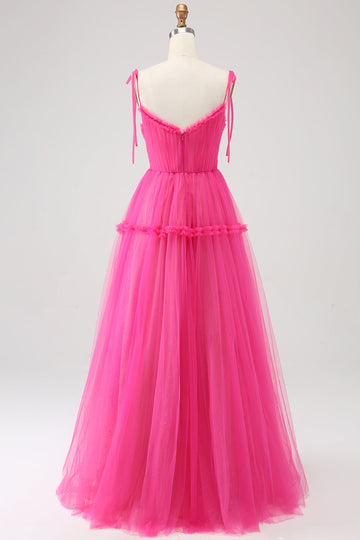 Fuchsia A-Line flæset lang tyl gallakjole